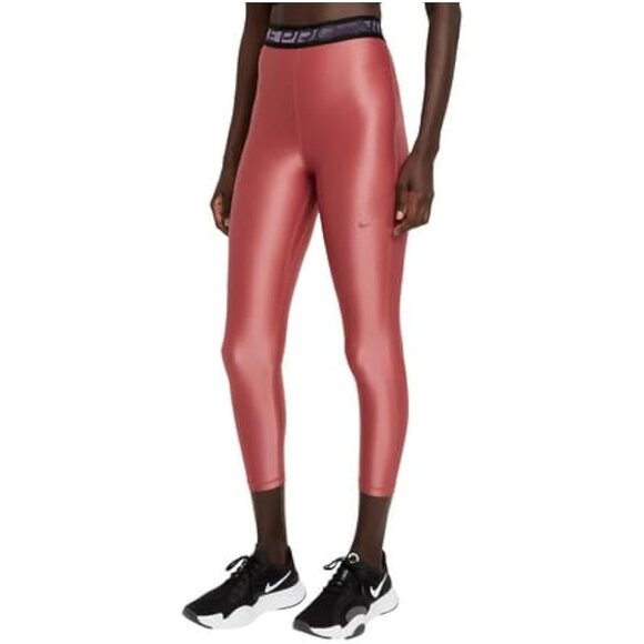 Nike Pro Shiny High Rise 7/8 Leggings Size Medium Cool Rose Yoga Workout Sporty - Picture 1 of 8